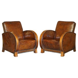 ANTIQUE 1920 PAIR OF FULLY RESTORED ROSEWOOD FRAMED BROWN LEATHER CLUB ARMCHAIRS