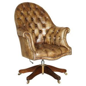 RESTORED VINTAGE MAHOGANY BROWN LEATHER CHESTERFIELD CAPTAINS DIRECTORS ARMCHAIR