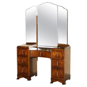ANTIQUE ART DECO BURR WALNUT DRESSING TABLE WITH TRI FOLD MIRRORS PART OF SUITE