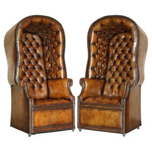 PAIR OF LATE VICTORIAN HAND DYED BROWN LEATHER CHESTERFIELD PORTERS ARMCHAIRS