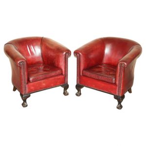 ANTIQUE PAIR OF CLAW & BALL FEET LEATHER CLUB TUB ARMCHAIRS CHIPPENDALE CUSHIONS