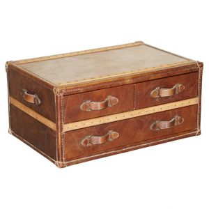 STUNNING HAND DYED BROWN SADDLE LEATHER HALO TRUNK CHEST OF DRAWERS COFFEE TABLE