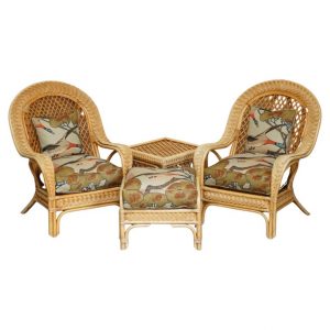 WICKER ARMCHAIRS STOOL TABLE SUITE UPHOLSTERED WITH MULBERRY FLYING DUCKS FABRIC