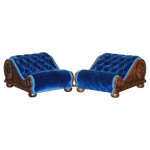 PAIR OF REGENCY BLUE ANTIQUE VICTORIAN CHESTERFIELD TUFTED CURVED FOOTSTOOLS