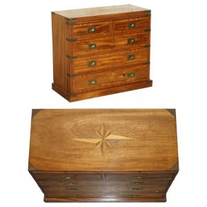 SUBLIME CIRCA 1900 ANTIQUE MILITARY CAMPAIGN CHEST OF DRAWERS SHERATON INLAY