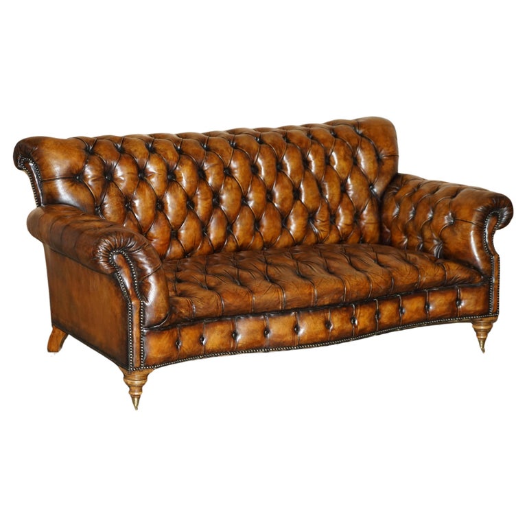 VICTORIAN SERPENTINE FRONTED HAND DYED RESTORED BROWN LEATHER CHESTERFIELD SOFA