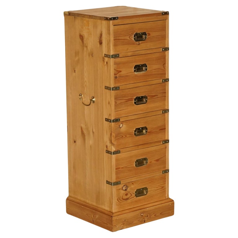 RESTORED VINTAGE ENGLISH PINE & BRASS MILITARY CAMPIGN TALLBOY CHEST OF DRAWERS