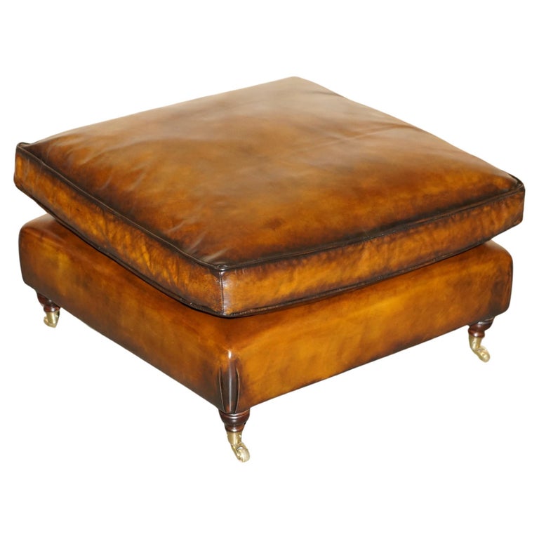 EXTRA LARGE FEATHER SEAT RESTORED BROWN LEATHER OTTOMAN FOOTSTOOL PART OF SUITE