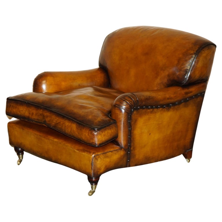RESTORED HOWARD & SON’S STYLE SIGNATURE SCROLL ARM STYLE BROWN LEATHER ARMCHAIR