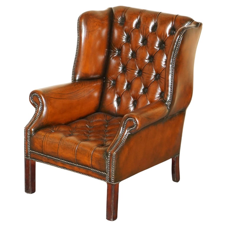 DECORATIVE VINTAGE RESTORED BROWN LEATHER TUFTED CHESTERFIELD WINGBACK ARMCHAIR