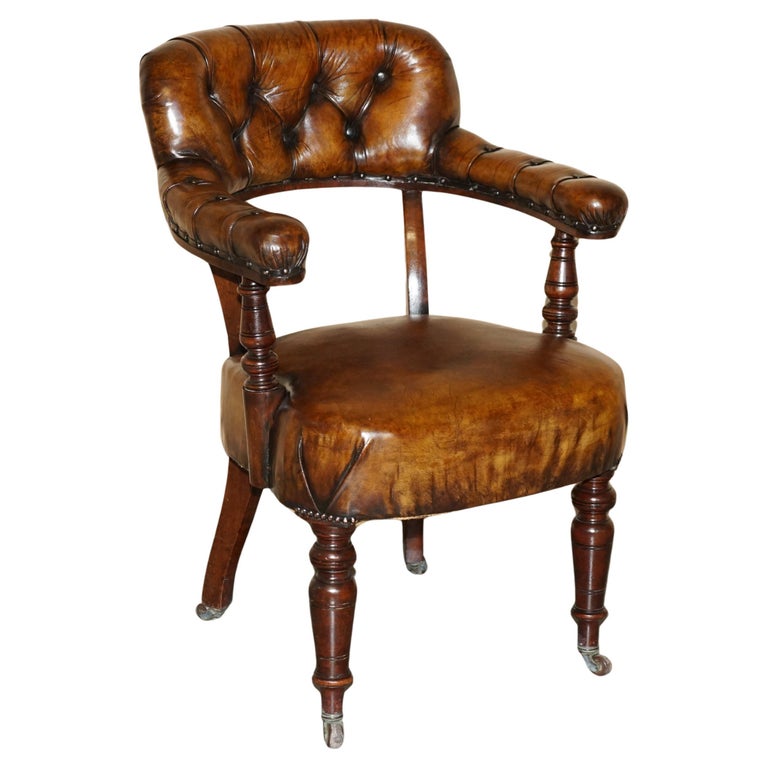 RESTORED BROWN LEATHER WILLIAM IV 1830 MAHOGANY CHESTERFIELD CAPTAINS ARMCHAIR