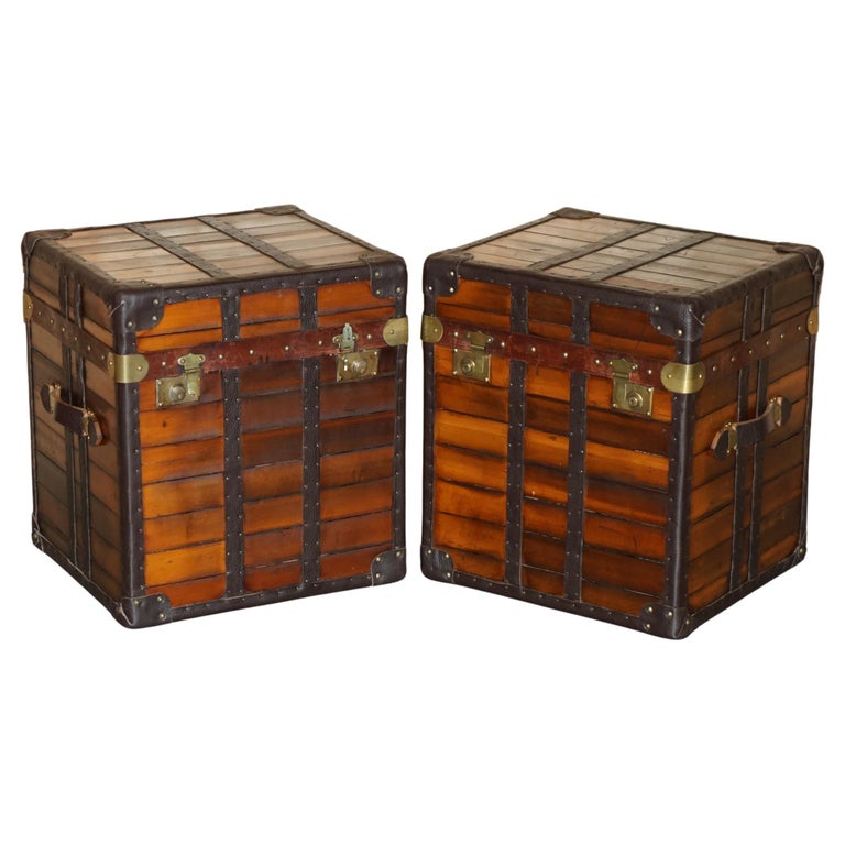 PAIR OF STUNNING VINTAGE ENGLISH SIDE TABLES STORAGE TRUNKS SLATTED WOOD LEATHER