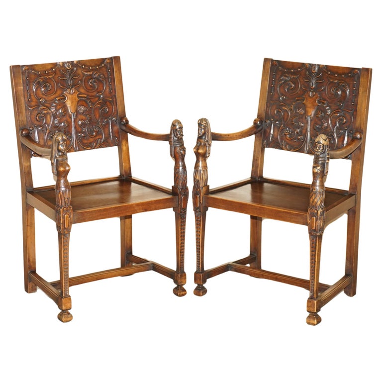 PAIR OF ORNATELY CARVED NEO-GOTHIC SOLID WALNUT 19TH CENTURY CEREMONY ARMCHAIRS