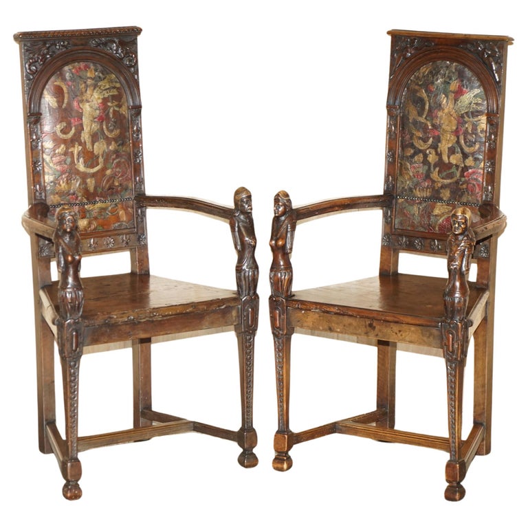 PAIR OF ANTIQUE 1640 CAQUETOIRE CARVED WALNUT POLYCHROME PAINTED ARMCHAIRS