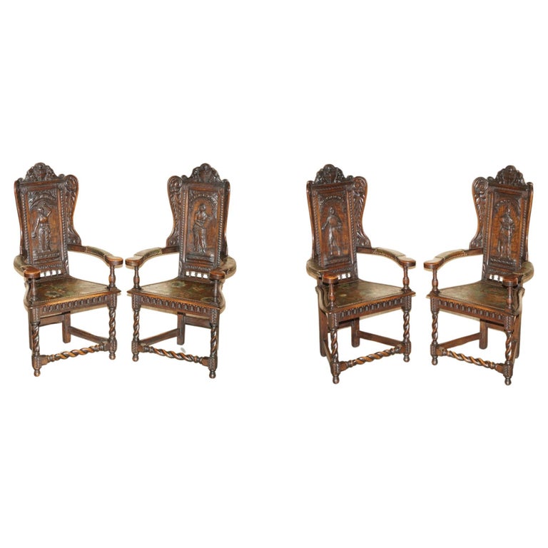 FOUR ANTIQUE 1640 CAQUETOIRE CARVED WALNUT POLYCHROME PAINTED ARMCHAIRS