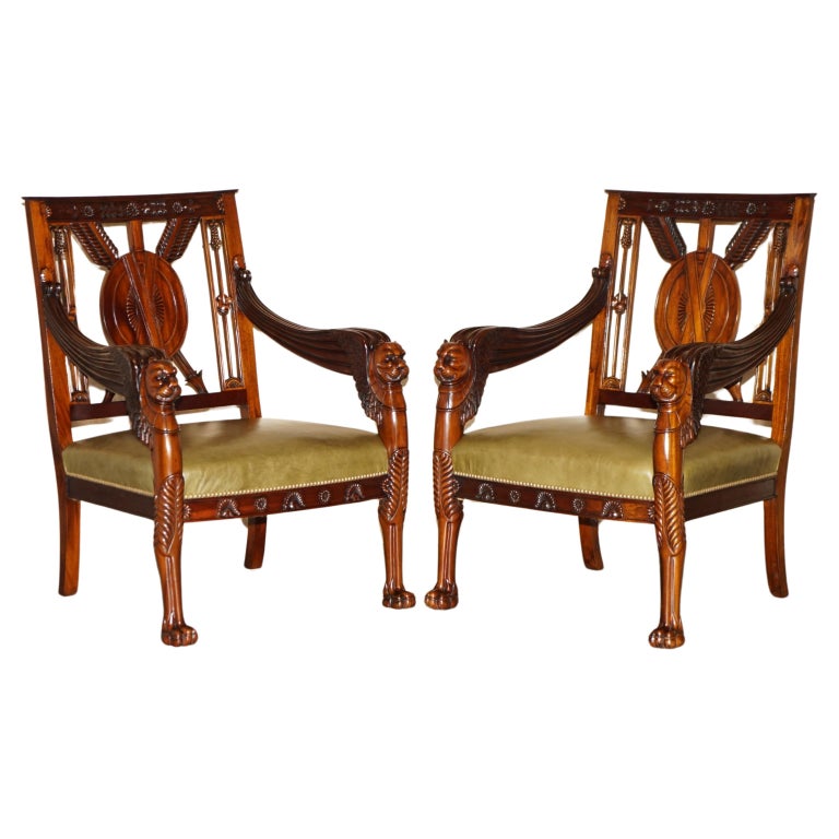 EXQUISITE PAIR OF HAND CARVED MAHOGANY LIBRARY ARMCHAIRS LION GRIFFON WING ARMS