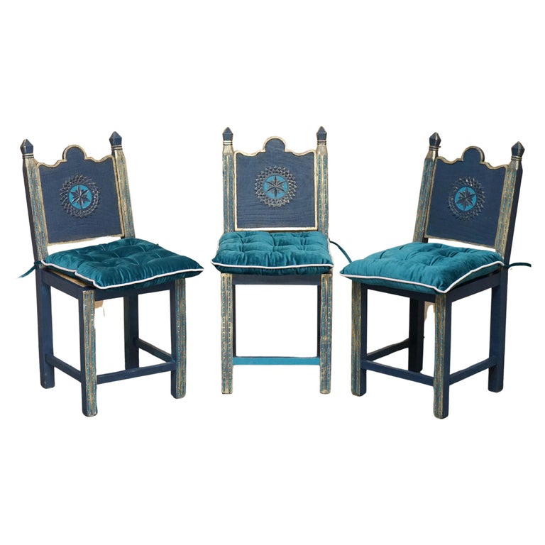 SUITE OF THREE HIGH SEAT HAND PAINTED SIDE CHAIRS IN THE GOTHIC REVIVAL TASTE