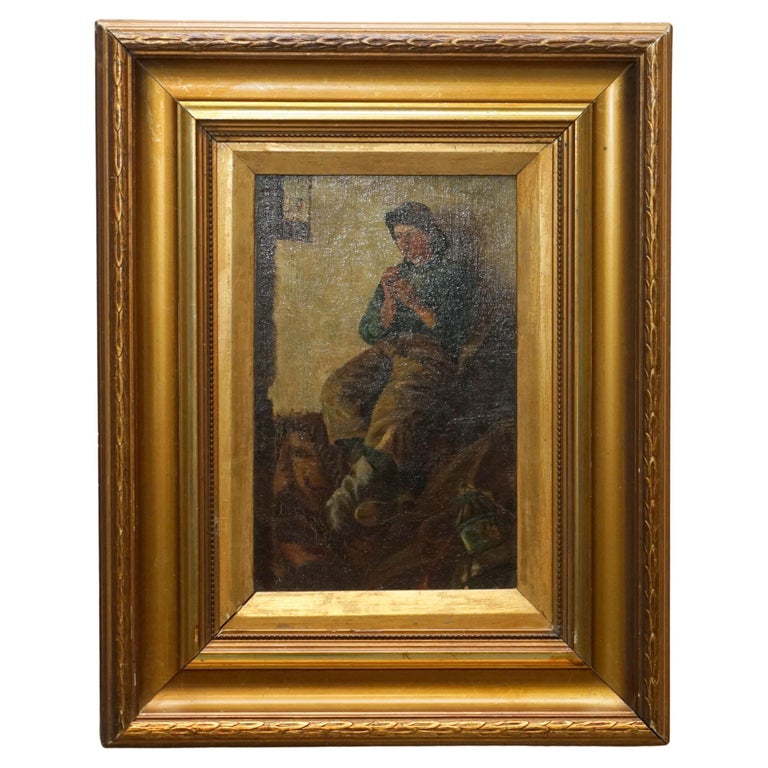SUBLIME ANTIQUE VICTORIAN OIL PAINTING OF A YOUNG BOY (FISHERMAN) PLAYING A PIPE
