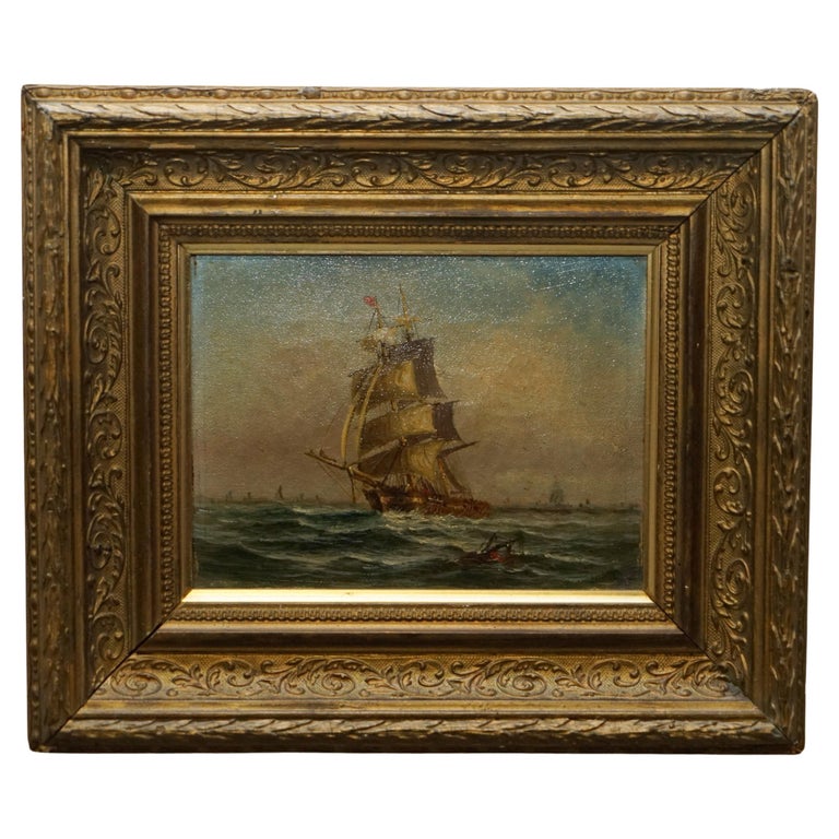 SMALL ANTIQUE NAUTICAL VICTORIAN OIL PAINTING OF A EARLY 19TH CENTURY SHIP