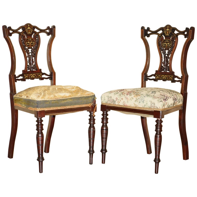 PAIR OF ANTIQUE VICTORIAN ROSEWOOD SALON CHAIRS WITH STUNNING INLAID BACK PANELS