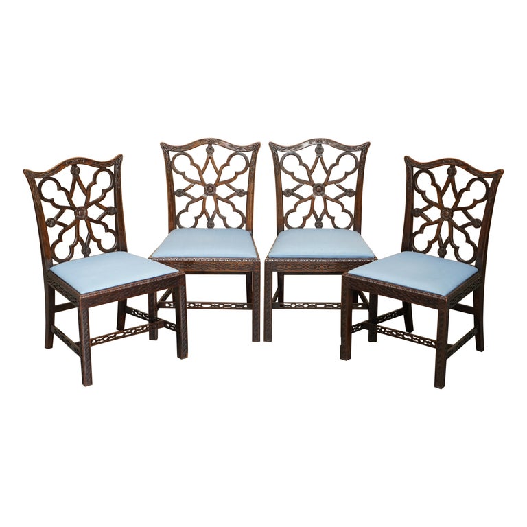 FOUR ANTIQUE COLONIAL THOMAS CHIPPENDALE ROSEWOOD FRET WORK CARVED DINING CHAIRS