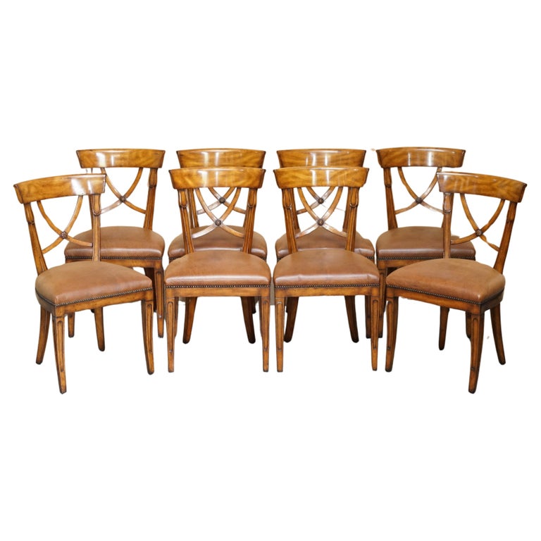 EIGHT STUNNING THEODORE ALEXANDER BROWN LEATHER EMBOSSED DINING CHAIRS PART SET