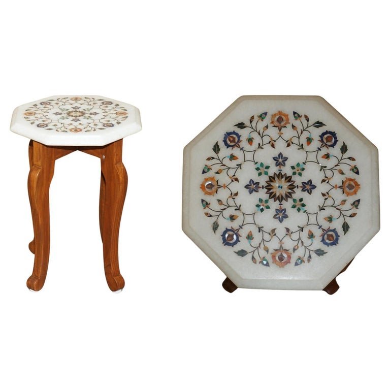 STUNNING MID CENTURY INDIAN MARBLE PIETRA DURA INLAY SIDE TABLE WITH RECEIPT