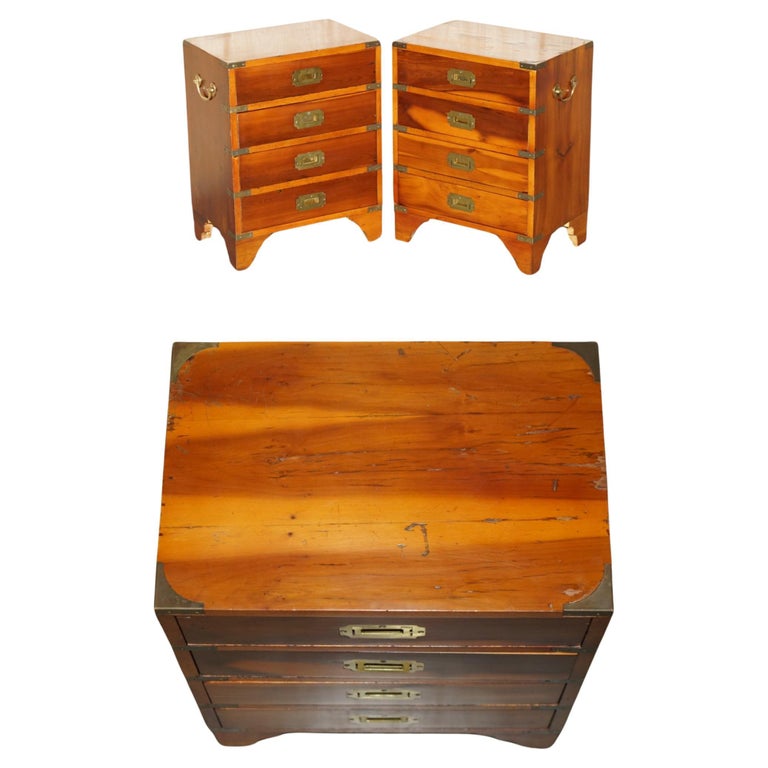 PAIR OF VINTAGE DISTRESSED MILITARY CAMPAIGN BURR YEW WOOD SIDE TABLE DRAWERS