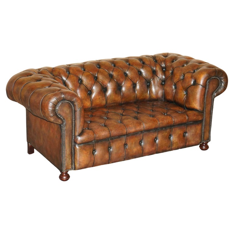 RESTORED VICTORIAN 1890 EXTRA LARGE ARMED CHESTERFIELD BROWN LEATHER CLUB SOFA
