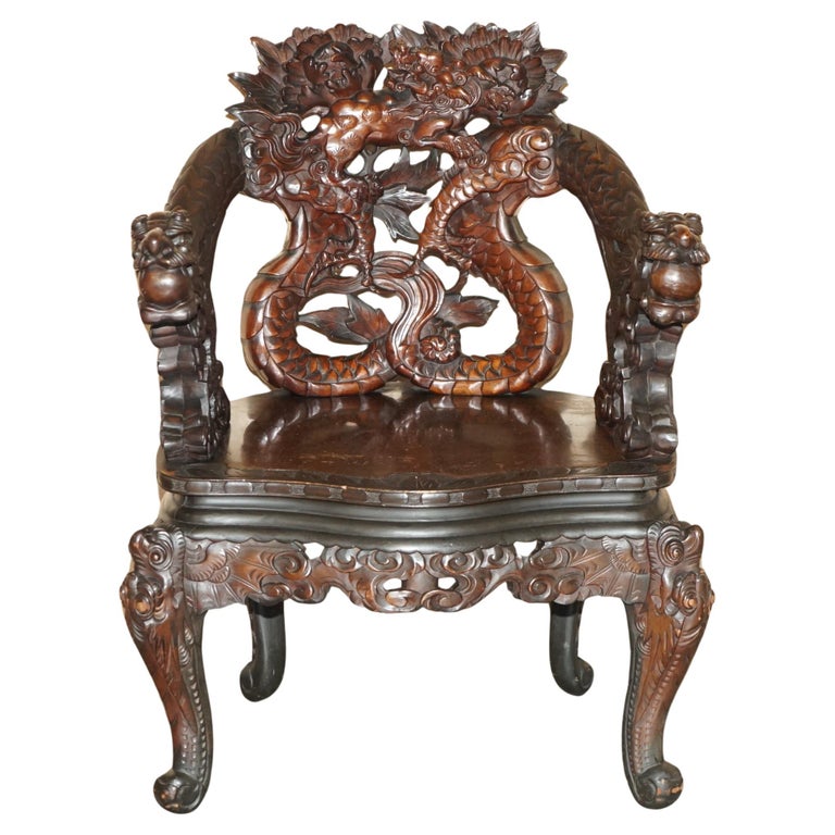 EXQUISITE CIRCA 1880 QING DYNASTY CARVED ROSEWOOD CHINESE DRAGON ARMCHAIR