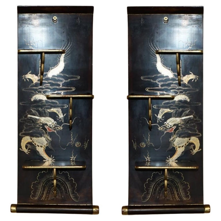 PAIR OF ANTIQUE CIRCA 1900 CHINESE EXPORT CHINOISERIE DRAGON FOLDING SHELVES