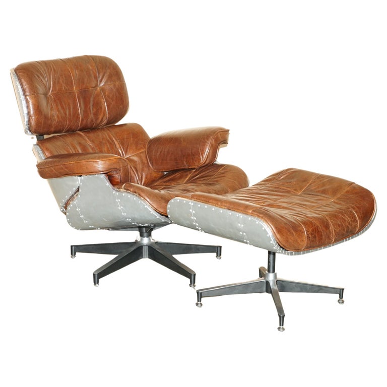 STUNNING HERITAGE BROWN LEATHER HAND HAMMERED AVIATOR LOUNGER ARMCHAIR & OTTOMAN
