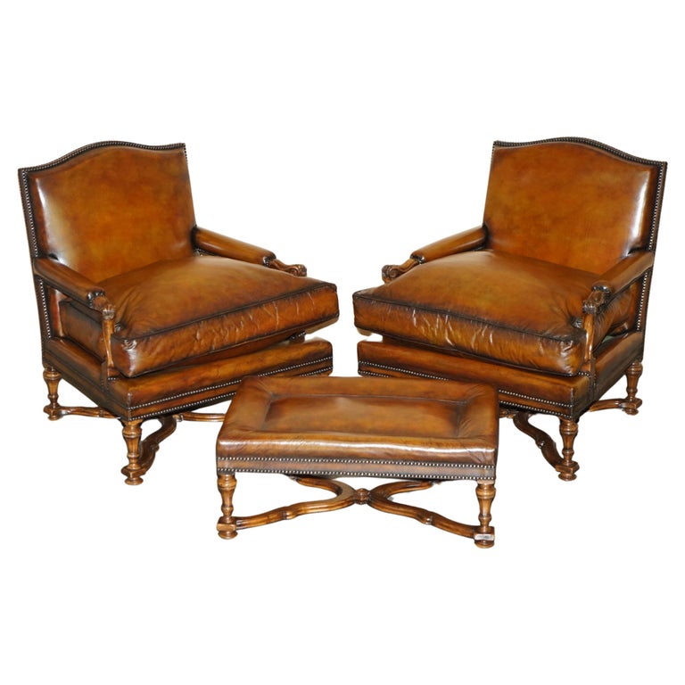LOVELY PAIR OF HAND DYED CIGAR BROWN LEATHER LIBRARY ARMCHAIRS WITH OTTOMAN