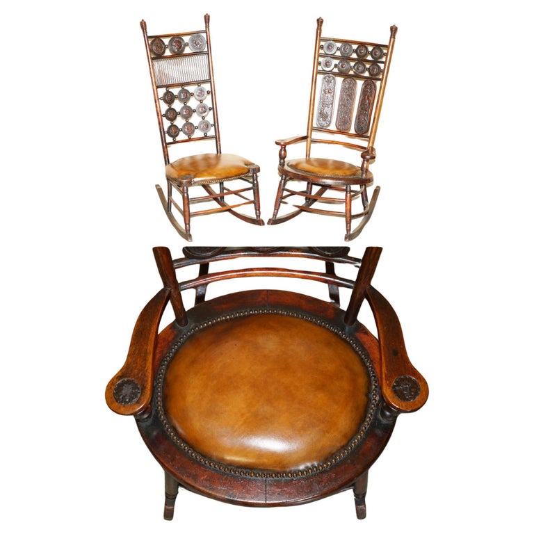 PAIR OF FULLY RESTORED ANTIQUE VICTORIAN BROWN LEATHER HIS & HER ROCKING CHAIRS
