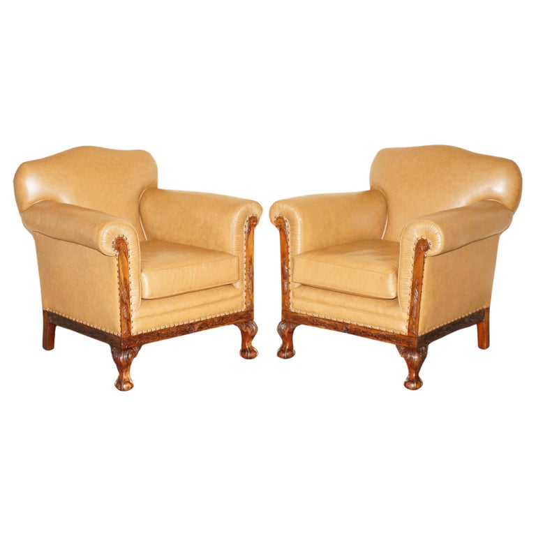 FINE PAIR OF RESTORED VICTORIAN CLAW & BALL FEET COGNAC BROWN LEATHER ARMCHAIRS