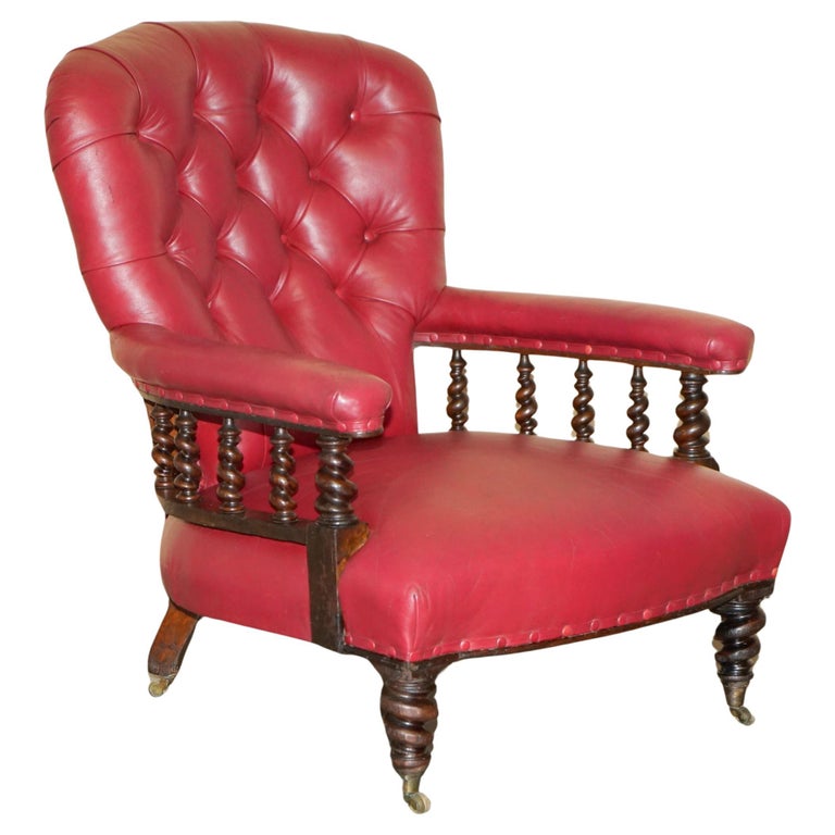 ANTIQUE WILLIAM IV 1830 CHESTERFIELD TUFTED BARLEY TWIST FRAME LEATHER ARMCHAIR