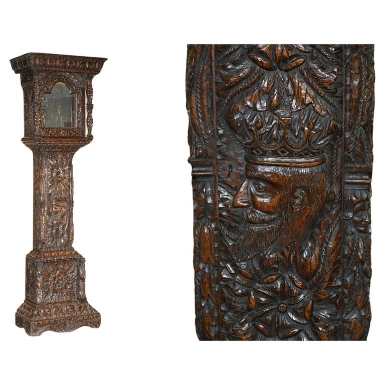 EXQUISITE ANTIQUE RESTORED HAND CARVED GRANDFATHER CLOCK CASE DEPICTING A KING