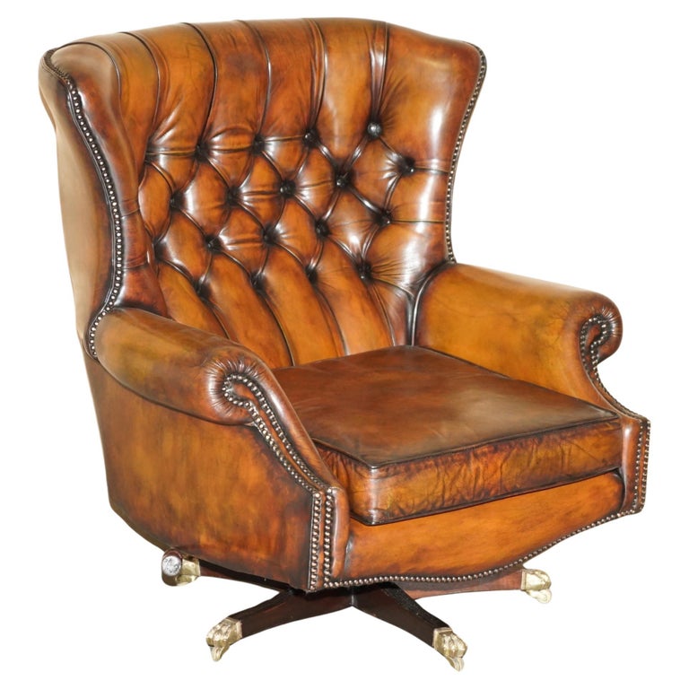 RESTORED HARRODS LONDON CHESTERFIELD TUFTED BROWN LEATHER SWIVEL LOUNGE ARMCHAIR