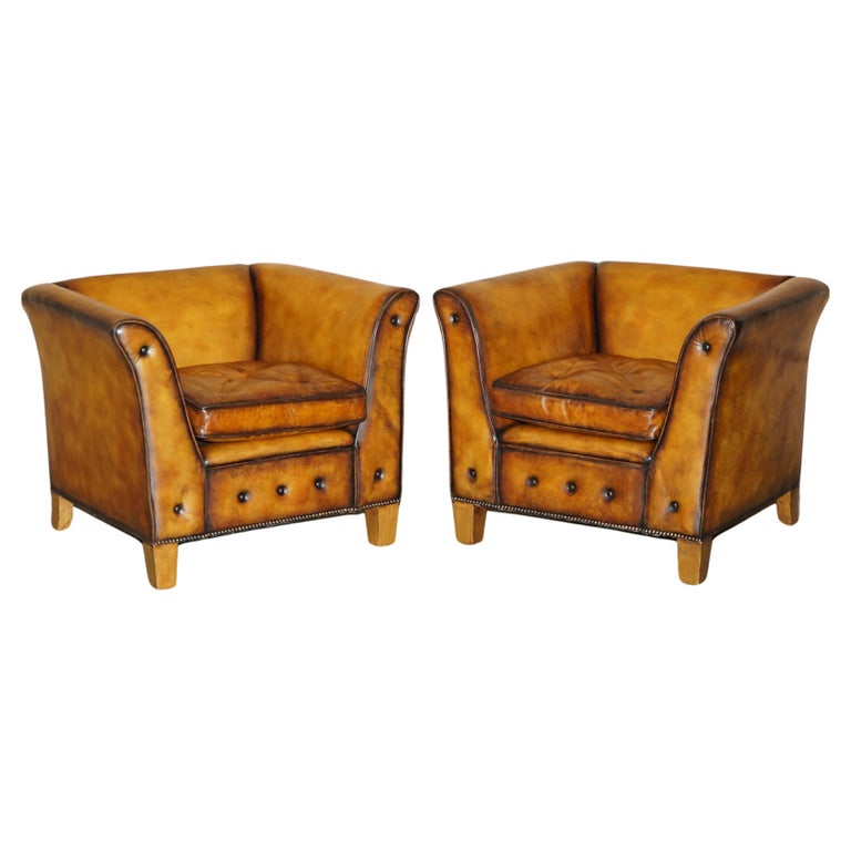PAIR OF BRAND NEW CUSTOM MULBERRY LONDON BROWN LEATHER CHESTERFIELD ARMCHAIRS