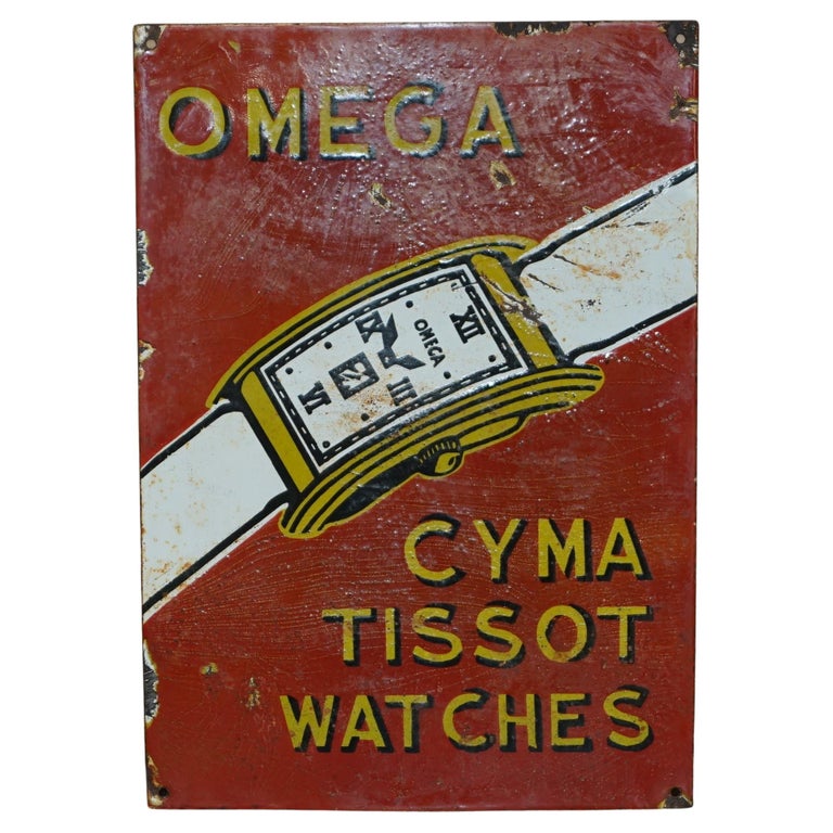 VINTAGE CIRCA 1940’S OMEGA CYMA TISSOT WATCHES PORCELAIN ENAMEL ADVERTISING SIGN