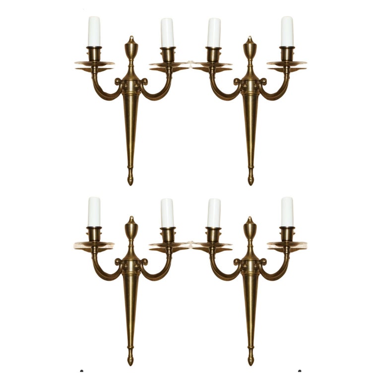 FOUR VINTAGE GILT BRASS TWIN BRANCH FRENCH WALL SCONCES LIGHTS WITH FAUX CANDLE