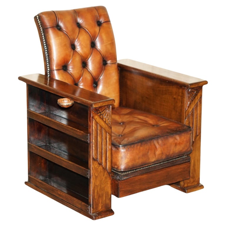 VICTORIAN HARROPS CHESTERFIELD BROWN LEATHER RECLINER DRINKS CABINET ARMCHAIR
