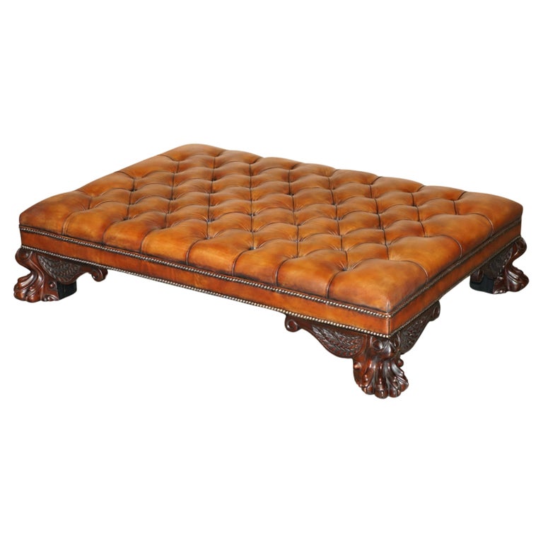 ENORMOUS FULLY RESTORED BROWN LEATHER CHESTERFIELD TUFTED HEARTH FOOTSTOOL