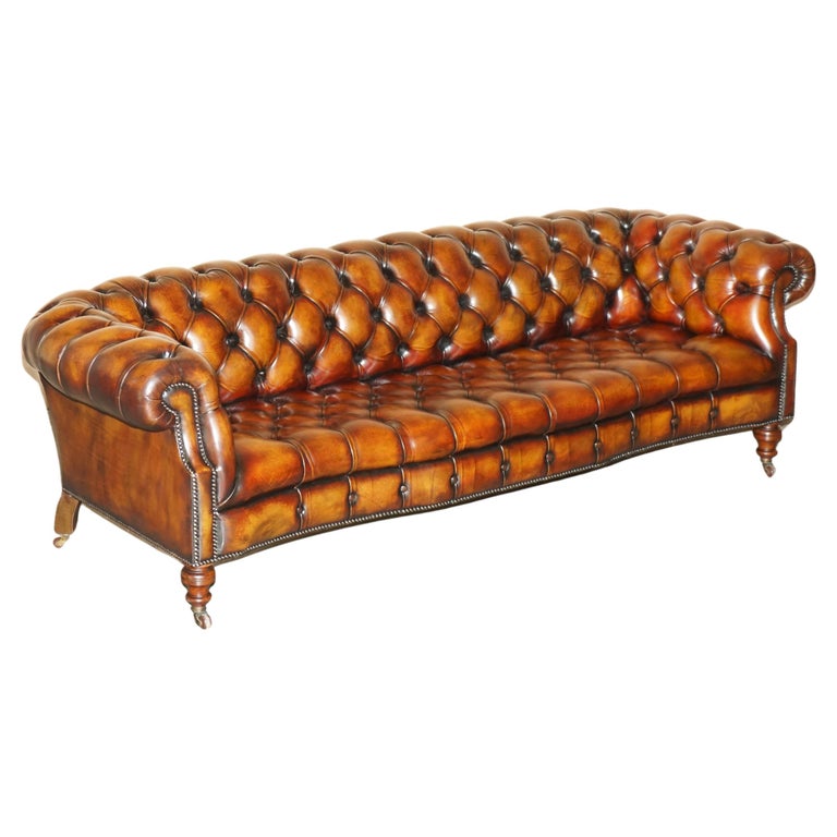 LUXURY VICTORIAN SERPENTINE HAND DYED RESTORED BROWN LEATHER CHESTERFIELD SOFA