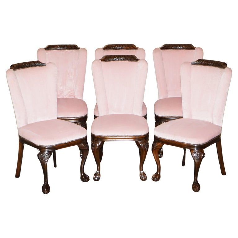 SIX LOVELY VINTAGE HAND CARVED CLAW & BALL CABRIOLET LEG MAHOGANY DINING CHAIRS