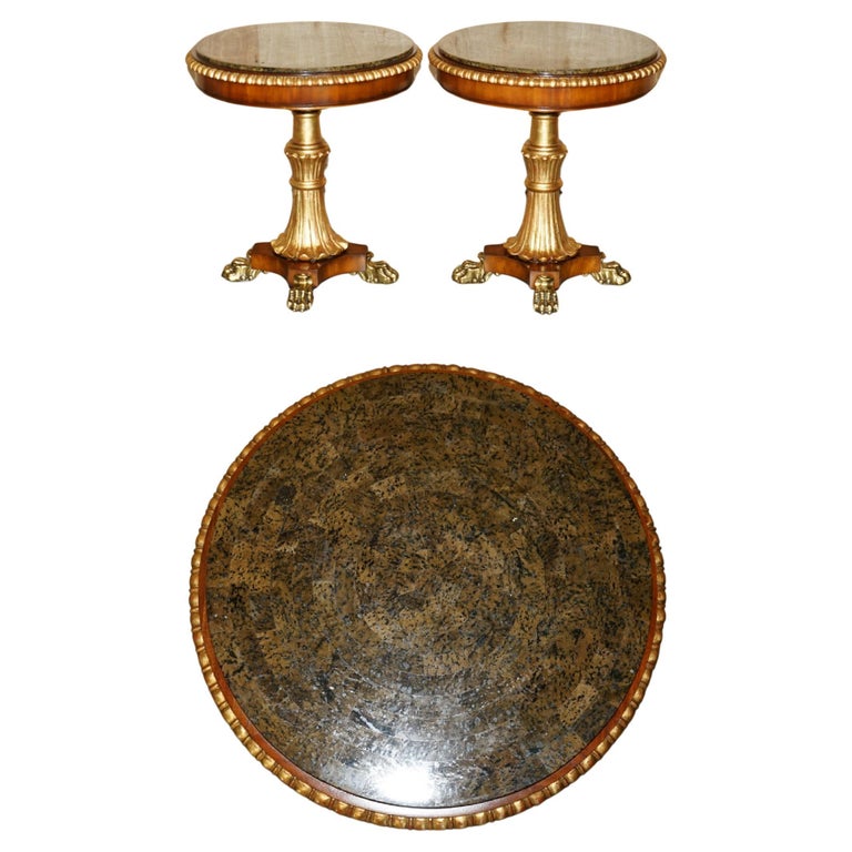 SUBLIME PAIR OF VINTAGE MARBLE TOPPED SIDE END TABLES SOLID BRASS LIONS PAW FEET