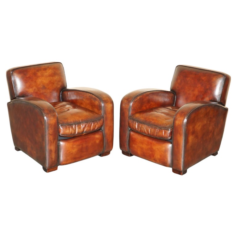 LUXURIOUS PAIR OF ART DECO FULLY RESTORED CIGAR BROWN LEATHER CLUB ARMCHAIRS