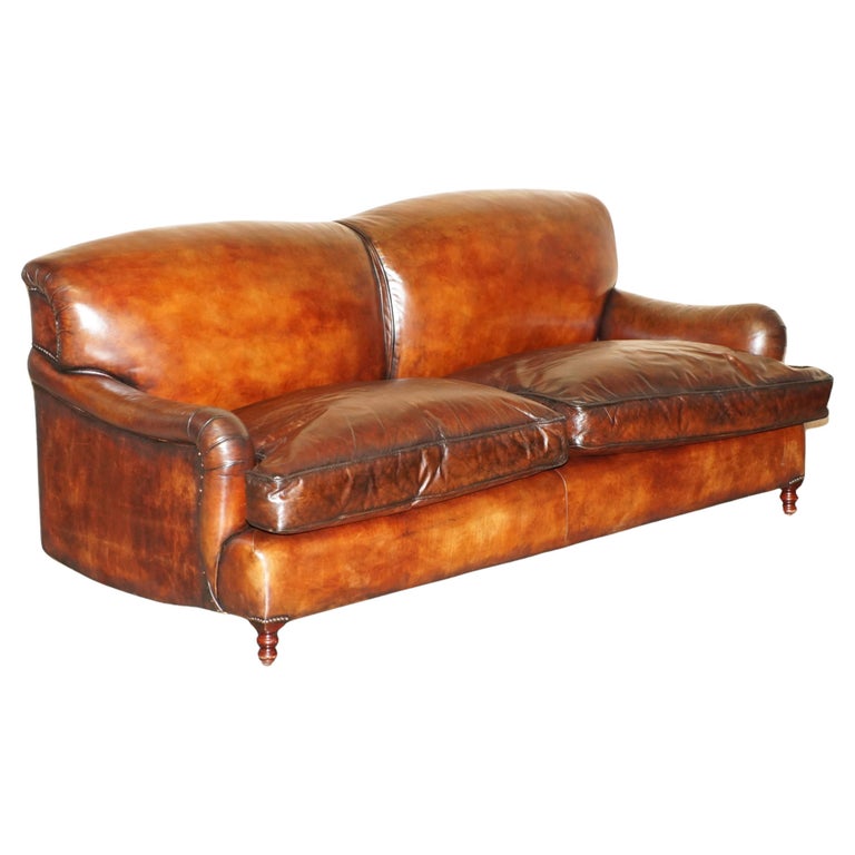 MEDIUM SIZE GEORGE SMITH HOWARD & SON’S BROWN LEATHER SIGNATURE SCROLL ARM SOFA