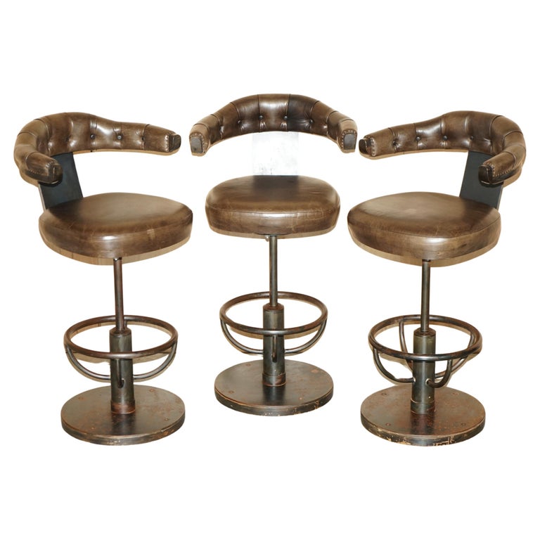 THREE INDUSTRIAL STEEL BROWN LEATHER CHESTERFIELD SWIVEL KITCHEN BAR STOOLS