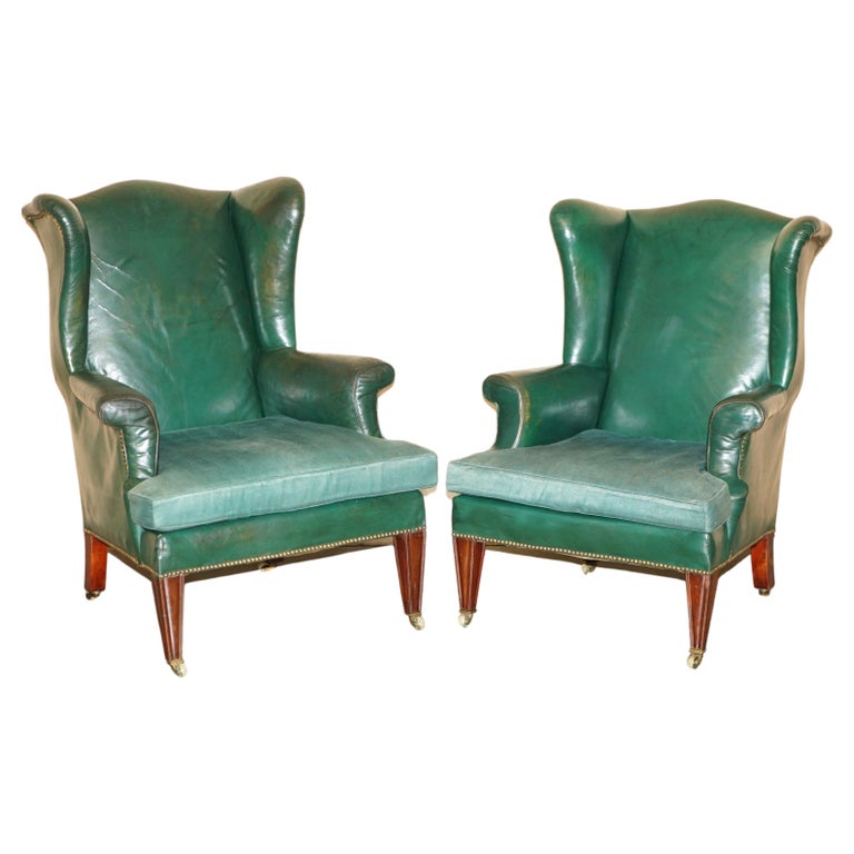 PAIR OF ANTIQUE VICTORIAN ORIGINAL GREEN LEATHER UPHOLSTERY WINGBACK ARMCHAIRS